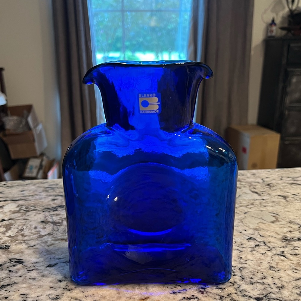 Vintage Blenko Cobalt Glass Double Spout Pitcher Vase. Mid Century Mod. Handmade